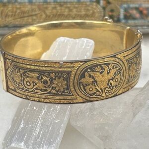 Damascene bangle Gold and Black Engraved Bracelet flowers and birds
